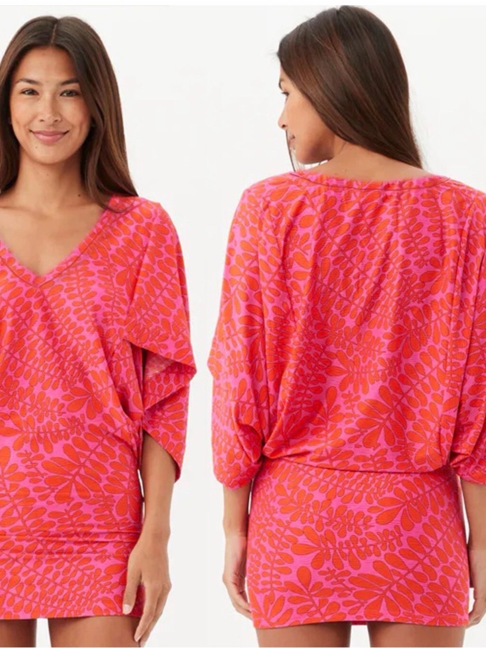 Trina Turk Pink and Coral Floral Dolman-Sleeve Tunic Dress